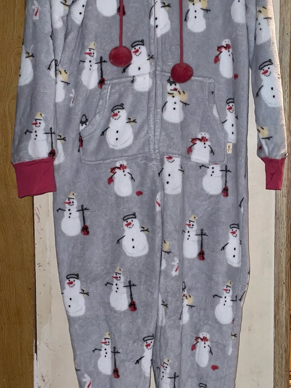 Cozy Snowman Fleece Women’s Pajama Onesie - Gray with Red Accents